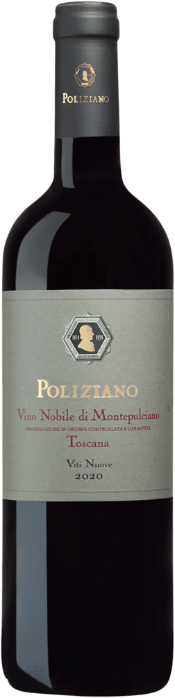En glasflaska med Poliziano Vino Nobile di Montepulciano Viti Nuove 2018, ett rött vin från Toscana i Italien