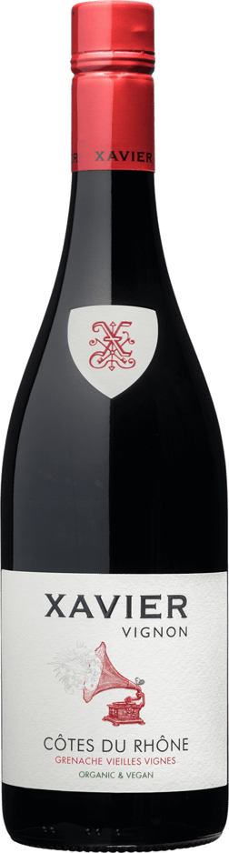 En lättare glasflaska med Xavier Vignon Côtes-du-Rhône Grenache Vielles Vignes Organic 2021, ett rött vin från Rhonedalen i Frankrike