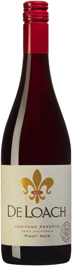 En lättare glasflaska med DeLoach Heritage Reserve Pinot Noir 2023, ett rött vin från Kalifornien i USA