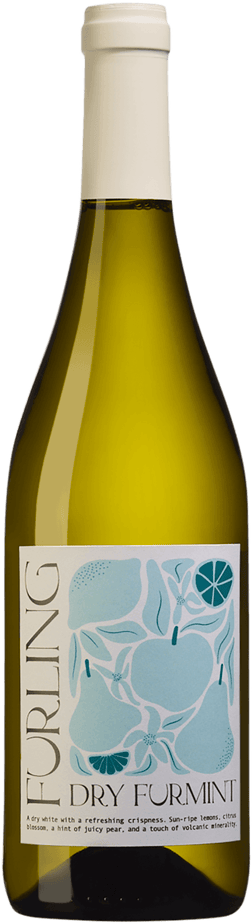 En lättare glasflaska med Furling Dry Furmint, ett vitt vin från Tokaj i Ungern