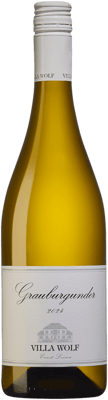 En lättare glasflaska med Villa Wolf Grauburgunder, ett vitt vin från Pfalz i Tyskland