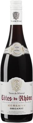 En lättare glasflaska med Terre de Mistral Reserve Côtes du Rhône Organic 2020, ett rött vin från Rhonedalen i Frankrike