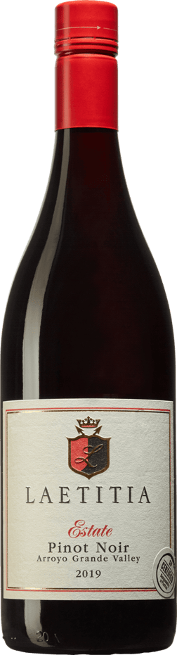 En glasflaska med Laetitia Estate Pinot Noir 2019, ett rött vin från Kalifornien i USA
