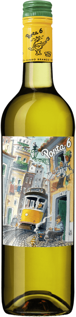 En lättare glasflaska med Porta 6 Branco 2022, ett vitt vin från Lisboa i Portugal