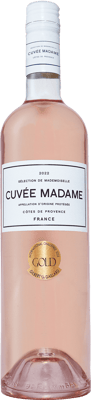 En glasflaska med Cuvée Madame Sélection de Mademoiselle, en rosévin från Provence i Frankrike
