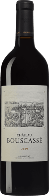 En glasflaska med Chateau Bouscassé, ett rött vin från Frankrike sydväst i Frankrike