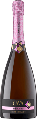 En glasflaska med Cava Pinot Noir Rosé Organic 1+1=3 Reserva Familia, en mousserande från Cava i Spanien