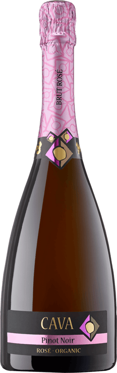 En glasflaska med Cava Pinot Noir Rosé Organic 1+1=3 Reserva Familia, en mousserande från Cava i Spanien
