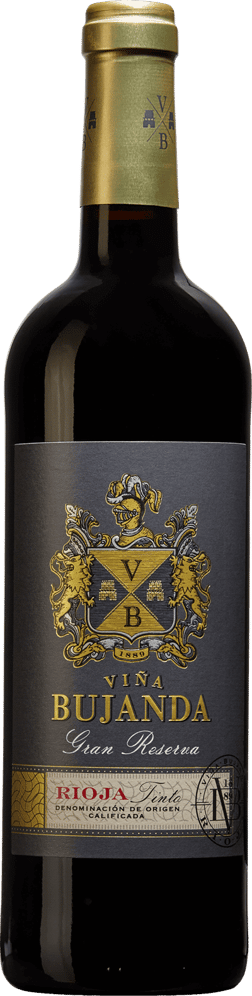 En glasflaska med Viña Bujanda Gran Reserva, ett rött vin från Rioja i Spanien