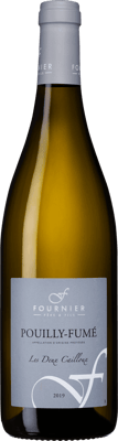 En glasflaska med Fournier Pouilly-Fumé Les Deux Cailloux, ett vitt vin från Loiredalen i Frankrike