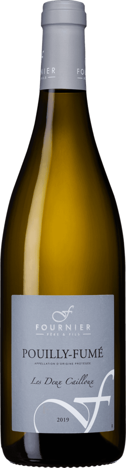 En glasflaska med Fournier Pouilly-Fumé Les Deux Cailloux, ett vitt vin från Loiredalen i Frankrike