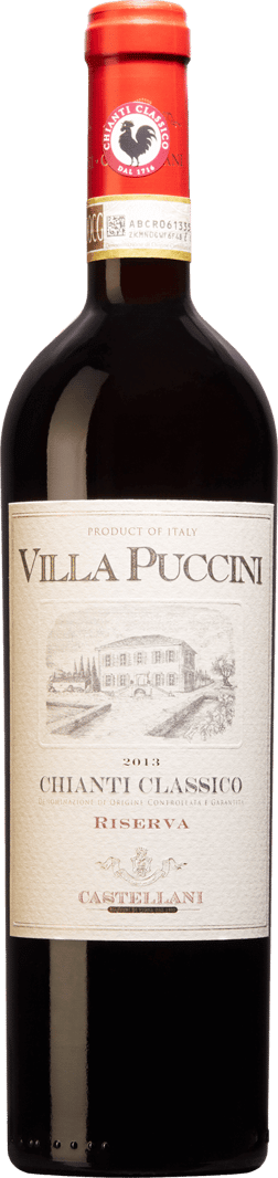 En glasflaska med Villa Puccini Chianti Classico Riserva 2018, ett rött vin från Toscana i Italien
