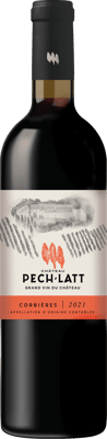 En lättare glasflaska med Château Pech-Latt, ett rött vin från Languedoc-Roussillon i Frankrike