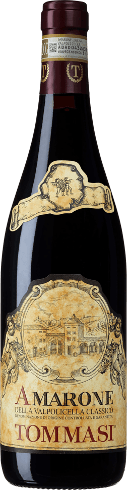 En glasflaska med Tommasi Amarone della Valpolicella Classico 2018, ett rött vin från Venetien i Italien