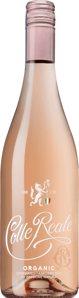 En lättare glasflaska med Colle Reale Cerasuolo Rosé 2021, en rosévin från Abruzzerna i Italien