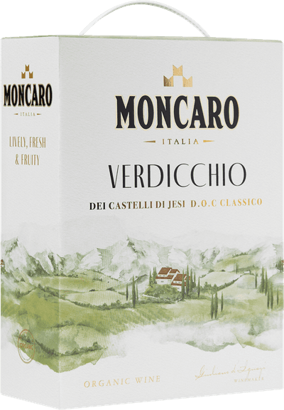 En box med Moncharo Verdicchio dei Castelli di Jesi Classico 2023, ett vitt vin från Marche i Italien