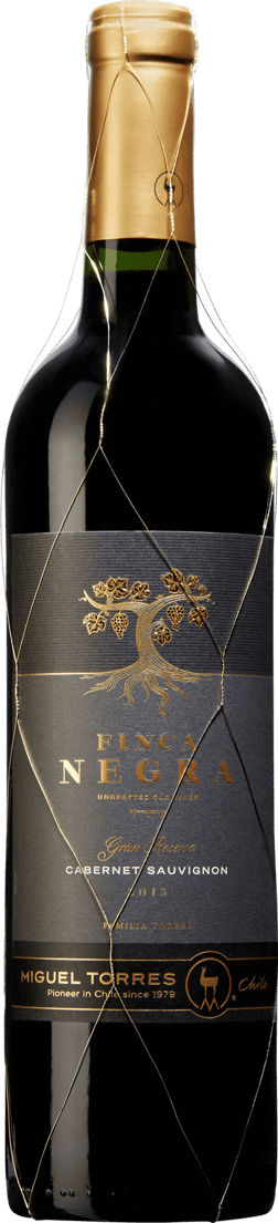 En glasflaska med Finca Negra Cabernet Sauvignon 2020, ett rött vin från Valle Central i Chile