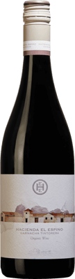 En lättare glasflaska med Hacienda el Espino Garnacha Tintorera 2021, ett rött vin från Kastilien-La Mancha i Spanien