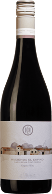 En lättare glasflaska med Hacienda el Espino Garnacha Tintorera 2021, ett rött vin från Kastilien-La Mancha i Spanien