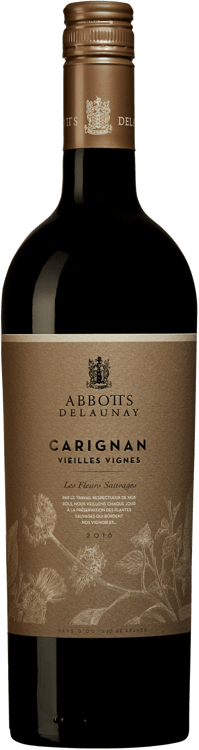 En lättare glasflaska med Abbotts &#038; Delaunay Carignan Vieilles Vignes, ett rött vin från Languedoc-Roussillon i Frankrike