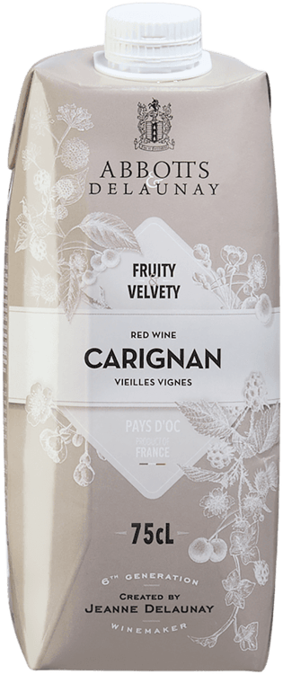 En pappförpackning med Abbotts &#038; Delaunay Carignan Vieilles Vignes Tetra, ett rött vin från Languedoc-Roussillon i Frankrike