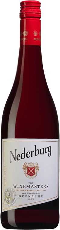 En lättare glasflaska med Nederburg Winemasters Grenache, ett rött vin från Western Cape i Sydafrika