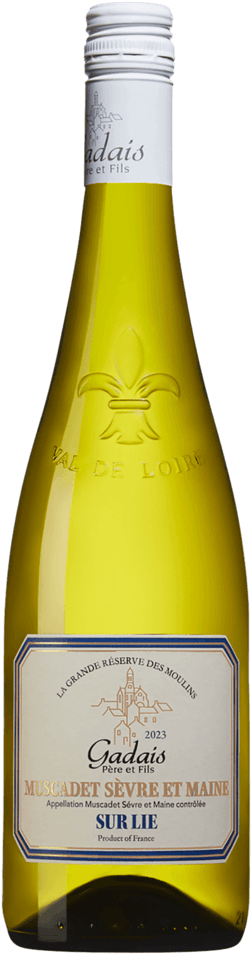 En glasflaska med Gadais Père & Fils Muscadet Sèvre et Maine sur lie 2022, ett vitt vin från Loiredalen i Frankrike