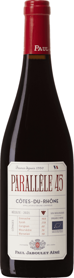 En lättare glasflaska med Paul Jaboulet Parallèle 45 Rouge 2022, ett rött vin från Rhonedalen i Frankrike