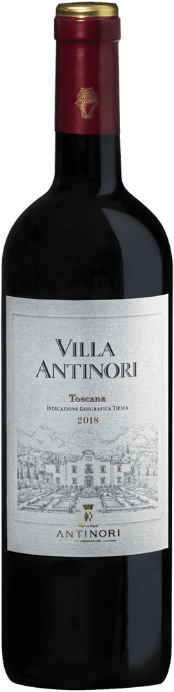 En lättare glasflaska med Villa Antinori 2019, ett rött vin från Toscana i Italien