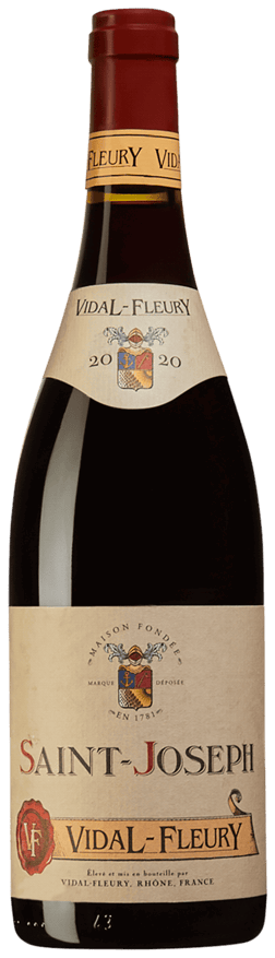 En glasflaska med Vidal-Fleury Saint-Joseph 2020, ett rött vin från Rhonedalen i Frankrike