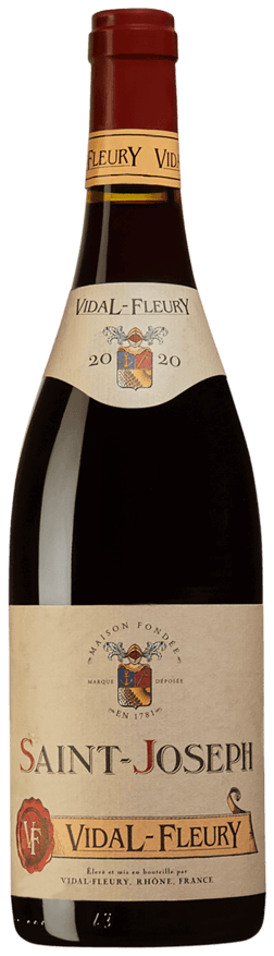 En glasflaska med Vidal-Fleury Saint-Joseph 2020, ett rött vin från Rhonedalen i Frankrike