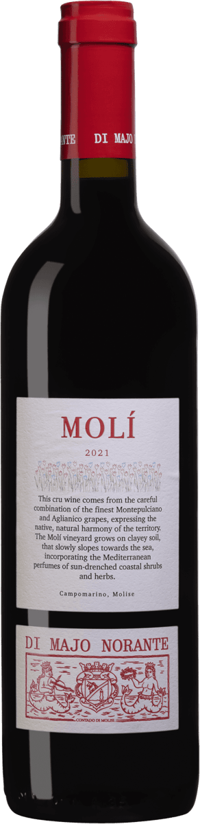En lättare glasflaska med Molí Rosso, ett rött vin från Molise i Italien