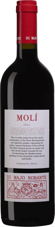 En lättare glasflaska med Molí Rosso, ett rött vin från Molise i Italien