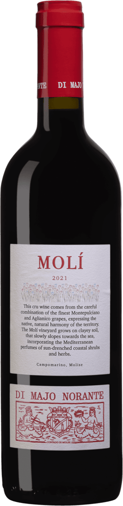 En lättare glasflaska med Molí Rosso Di Majo Norante 2021, ett rött vin från Molise i Italien