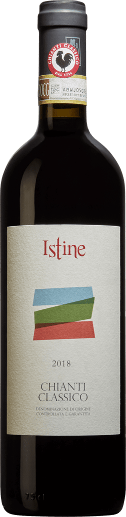 En lättare glasflaska med Istine Chianti Classico 2019, ett rött vin från Toscana i Italien
