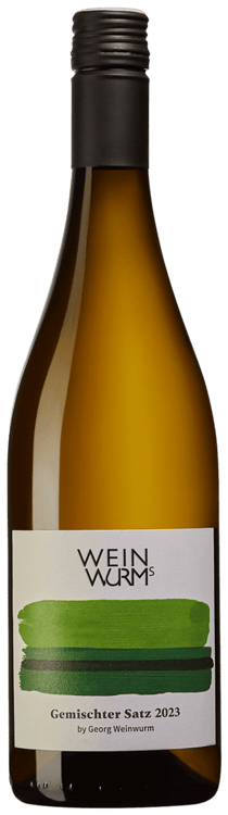 En lättare glasflaska med Weinwurm Gemischter Satz, ett vitt vin från Niederösterreich i Österrike