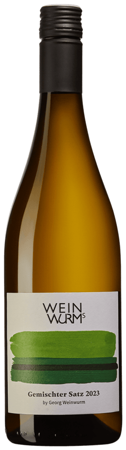 En lättare glasflaska med Weinwurm Gemischter Satz 2023, ett vitt vin från Niederösterreich i Österrike