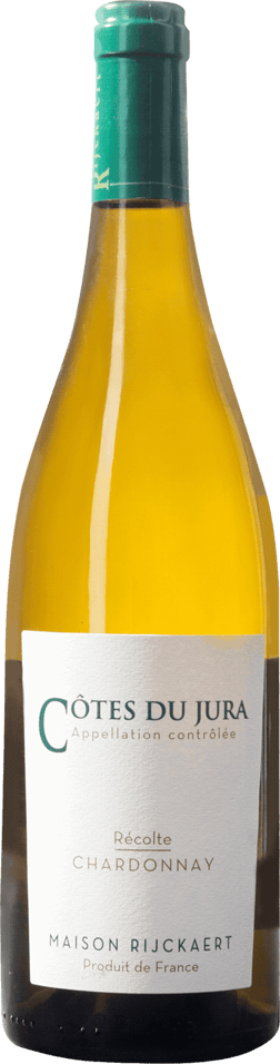 En glasflaska med Côtes du Jura Chardonnay Rijckaert 2020, ett vitt vin från Jura i Frankrike