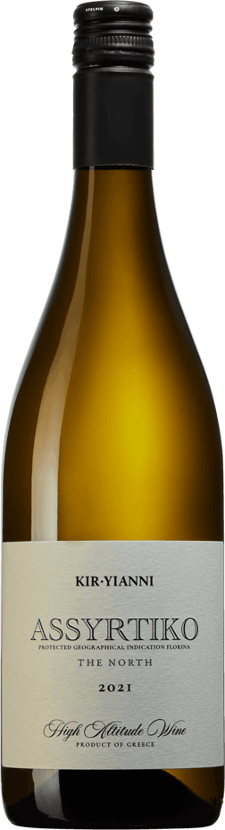 En lättare glasflaska med Kir-Yianni Assyrtiko 2023, ett vitt vin från Makedonien i Grekland