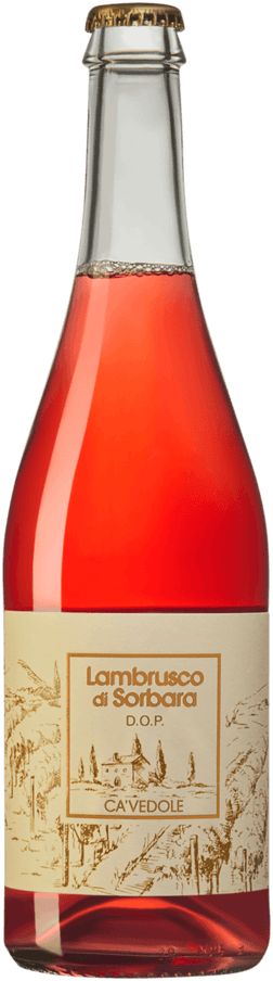 En glasflaska med Ca' Vedole Lambrusco di Sorbara 2024, ett rött vin från Emilia-Romagna i Italien