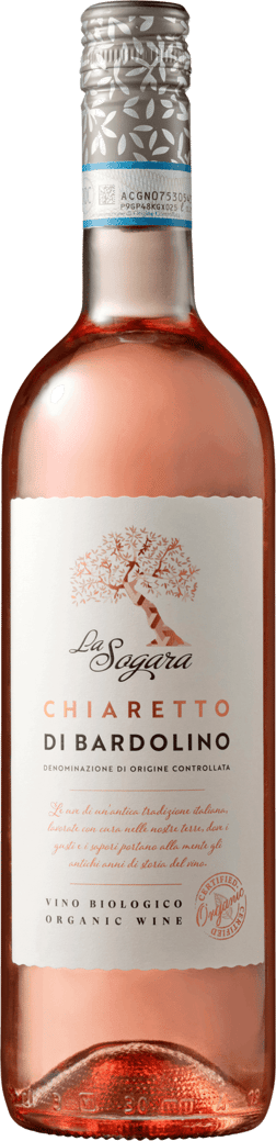 En lättare glasflaska med Bardolino Chiaretto La Sogara Rosé 2024, en rosévin från Venetien i Italien
