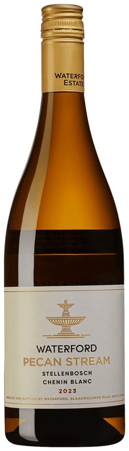 En glasflaska med Waterford Estate Chenin Blanc 2023, ett vitt vin från Western Cape i Sydafrika