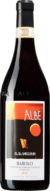 En lättare glasflaska med Barolo Albe G.D. Vajra, ett rött vin från Piemonte i Italien