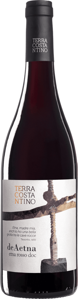 En lättare glasflaska med DeAetna Rosso Terra di Costantino 2022, ett rött vin från Sicilien i Italien