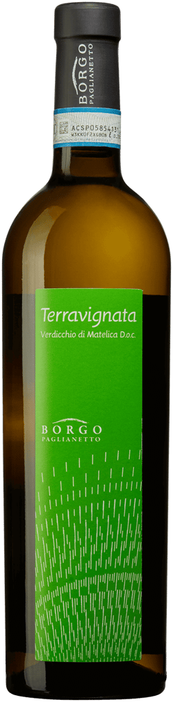 En lättare glasflaska med Borgo Paglianetto Terravignata 2022, ett vitt vin från Marche i Italien