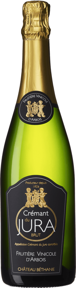 En glasflaska med Fruitière Vinicole D’Arbois Crémant du Jura Brut, en mousserande från Jura i Frankrike