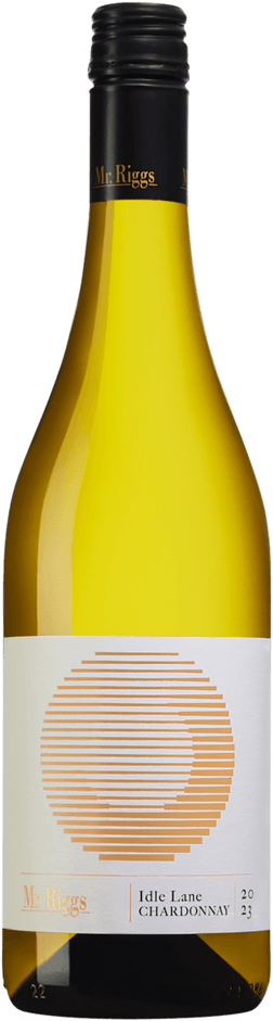En lättare glasflaska med Mr. Riggs Idle Lane Chardonnay 2023, ett vitt vin från South Australia i Australien