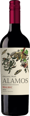 En lättare glasflaska med Alamos Organic Malbec, ett rött vin från Cuyo i Argentina