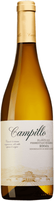 En lättare glasflaska med Campillo Blanco, ett vitt vin från Rioja i Spanien