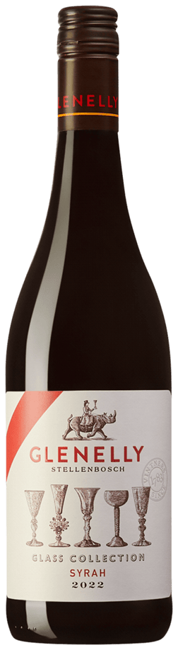En lättare glasflaska med Glenelly Estate Glass Collection Syrah 2022, ett rött vin från Western Cape i Sydafrika